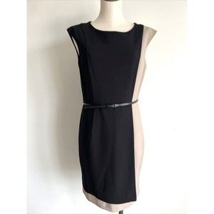 Calvin Klein Faux Wrap Color Block Tan-Black Dress Belted  Sz 8